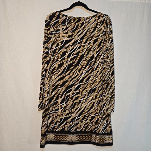 MICHAEL KORS Old Money Black/Gold Chain/Pearl Pattern Border Shift Dress Size L. - Picture 2 of 16